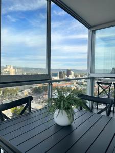 uma mesa com um vaso de plantas no topo de um edifício em CBD Penthouse View Apartment em Adelaide