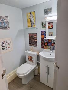 a bathroom with a toilet and a sink at Todmorden Bed & Breakfast - The Toothless Mog in Walsden
