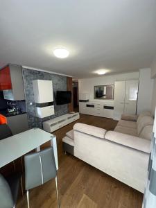 a living room with a couch and a table at Holiday Apartments in Krynica Zdrój