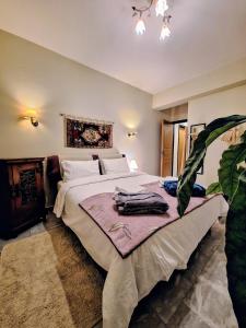 a bedroom with a large white bed with a plant at VILA KALIELAIA in Mouzákion