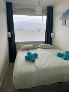 a bedroom with a bed with blue pillows and a window at Amsterdam Beach Home 46 in Zandvoort