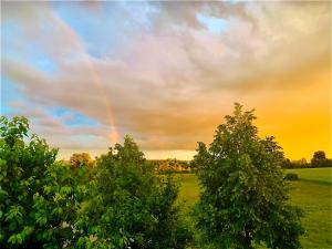 a rainbow in the sky over trees in a field at Rottweiler Ferienwohnung in Rottweil