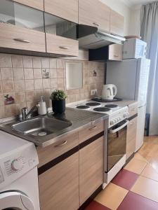 a kitchen with a sink and a stove at Maxima apartments in Daugavpils
