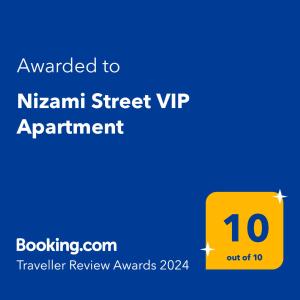 Sertifikatas, apdovanojimas, ženklas ar kitas apgyvendinimo įstaigoje Nizami Street VIP Apartment matomas dokumentas