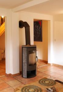 a fireplace in a living room with a stove at Haus am Berzdorfer See in Görlitz