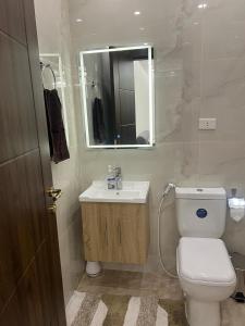 a bathroom with a toilet and a sink and a mirror at Amman in Amman