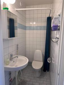 een badkamer met een wastafel en een toilet bij Private studio apartment 13 min to Stockholm city in Sundbyberg