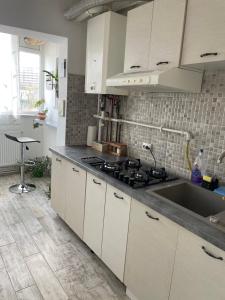 uma cozinha com armários brancos, um lavatório e um fogão em Apartament Dodo em Cluj-Napoca