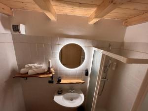 a bathroom with a sink and a mirror at Agritur Maso Val Fraja in Cembra