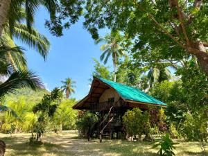 a small house with a green roof in a forest at Ocamocam Beach Martins in New Busuanga