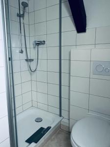 ein Bad mit einer Dusche und einem WC in der Unterkunft Hotel Stadt Boizenburg in Boizenburg