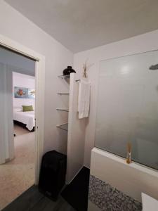 a bathroom with a shower and a bedroom with a bed at Aguadulce Beach in Aguadulce