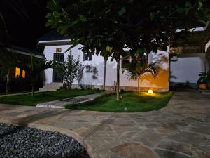 ein Haus in der Nacht mit einem Baum im Hof in der Unterkunft Hotel Eyram in Palimé