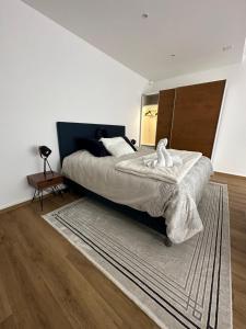 a bedroom with a large bed and a rug at Magnificent apartment, Geneva Center, Geneva Lake in Geneva