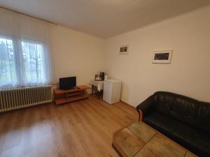uma sala de estar com um sofá e uma televisão em Pension TTT em Bled