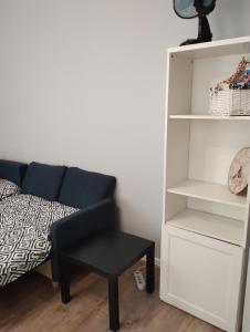 a room with a couch and a chair and a book shelf at Apartament - Mieszkanie Samodzielne in Inowrocław