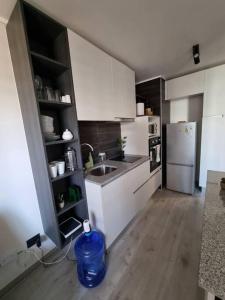 a kitchen with white cabinets and a blue jug on the floor at Hermoso y cómodo departamento in Santiago