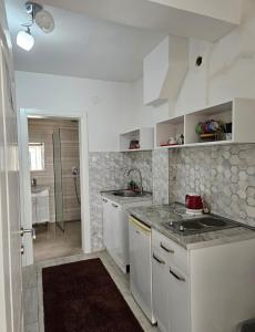 eine Küche mit weißen Schränken, einem Waschbecken und einer Dusche in der Unterkunft Apartman NENA 102 in Mostar