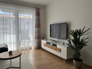 ein Wohnzimmer mit einem Flachbild-TV auf einem Schrank in der Unterkunft Ferienwohnung MiKa in Friedrichshafen
