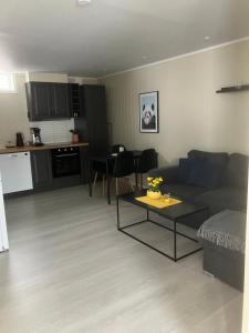 ein Wohnzimmer mit einem Sofa und einem Tisch in der Unterkunft Koselig, nyoppusset leilighet in Gjøvik