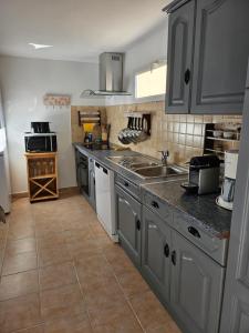 a kitchen with gray cabinets and a sink and a counter at Gite 135 C in Sarrians