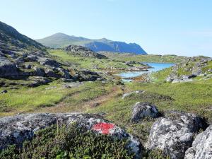 にあるHoliday home Melfjordbotnの湖のある丘の岩の赤い点