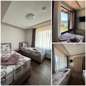 three pictures of a bedroom with two beds and a window at Къща за гости "СЛАВЕНА" in Dospat +22 photos