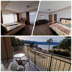 two pictures of a hotel room with a balcony at Къща за гости "СЛАВЕНА" in Dospat