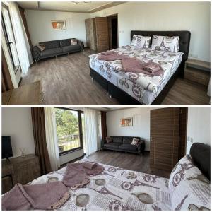 two pictures of a bedroom with a bed and a couch at Къща за гости "СЛАВЕНА" in Dospat