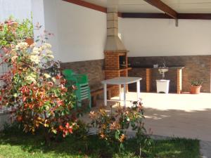 a patio with a table and a bush at Ribeiro´s House in Gafanha da Nazaré