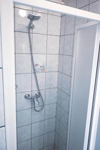 y baño con ducha con cabezal de ducha. en Bory Apartman, zárt udvari parkolás, en Székesfehérvár