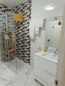 La salle de bains est pourvue d'un lavabo et d'une douche en verre. dans l'établissement APARTAMENTO ESTEL, à La Seu d'Urgell