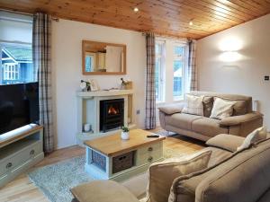 a living room with a couch and a fireplace at Loch Lomond Sanctuary Lodges in Balloch