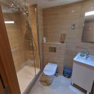 a bathroom with a shower and a toilet and a sink at OCEAN SPA Suite 11-Hosted by Sweetstay in Gibraltar