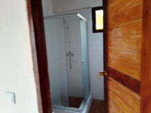 ein Bad mit einer Dusche und einer Glastür in der Unterkunft Beachbungalows in Guadalupe