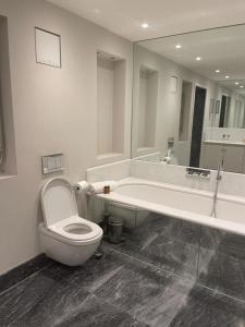 La salle de bains est pourvue de toilettes, d'une baignoire et d'un lavabo. dans l'établissement Falcon Baker Street Apartment, à Londres