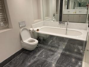 La salle de bains est pourvue de toilettes et d'une baignoire. dans l'établissement Falcon Baker Street Apartment, à Londres