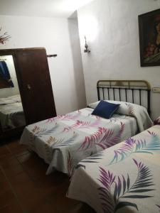 a room with two beds and a mirror at Cuevas del Torreón -- Nueva Dirección in Castilléjar
