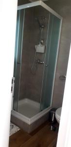 a bathroom with a shower with a glass door at Apartman Klara in Osijek