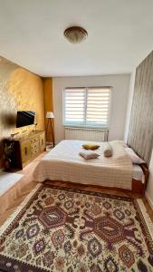 een slaapkamer met een bed en een televisie en een tapijt bij Guest House Bosnian House in Sarajevo
