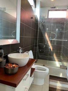 y baño con aseo, lavabo y ducha. en Modern One Bedroom Apartment in North ridge, en Accra