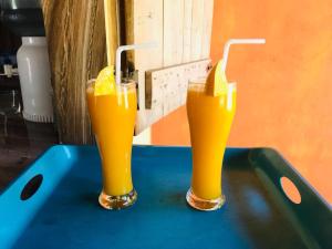 Dois copos de sumo de laranja sentados numa mesa. em Dolphin Village em Alankuda