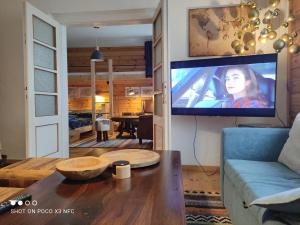 a living room with a flat screen tv on a wall at Cottage Scandi in Palcmanska Maša