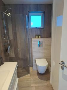 a bathroom with a toilet and a glass shower at Nýlegur sumarbústaður/friðsæld in Mosfellsbær