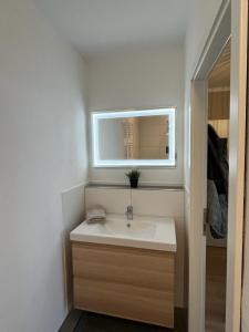 a bathroom with a sink and a mirror at Traumwohnung mit Meerblick über die Ostsee in Kiel