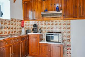 a kitchen with wooden cabinets and a microwave at Sea Front Studio Alexandra in Nisakion +20 photos