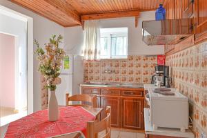 a kitchen with a table with a vase of flowers at Sea Front Studio Alexandra in Nisakion