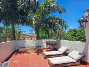 eine Terrasse mit 2 Liegestühlen und Palmen in der Unterkunft Espacios amplios con terraza y piscina spa in San Lorenzo