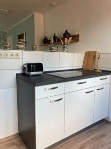 eine Küche mit weißen Schränken und einer schwarzen Arbeitsplatte in der Unterkunft Wohnen im Grünen bei der Töpferei in Erfurt