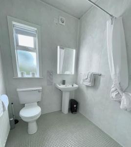 a white bathroom with a toilet and a sink at Crega Cottage in Malin Head